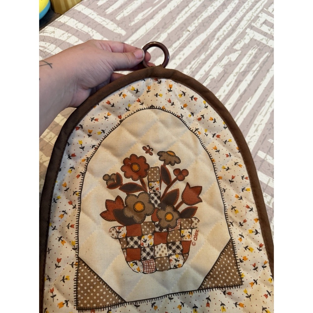 Vintage Alex Quilted Toaster Cover Brown Floral Basket Retro Kitchen Cottagecore